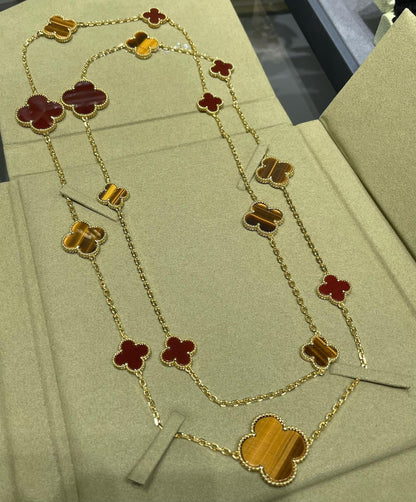 [Charm Aries Jewelry]CLOVER 16 MOTIF CARNELIAN TIGER EYE ROSE GOLD NECKLACE