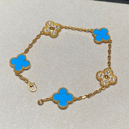 [Charm Aries Jewelry]CLOVER 5 MOTIF BLUE CHALCEDONY DIAMOND GOLD BRACELET