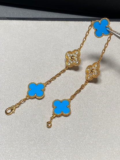 [Charm Aries Jewelry]CLOVER 5 MOTIF BLUE CHALCEDONY DIAMOND GOLD BRACELET