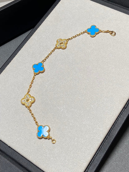 [Charm Aries Jewelry]CLOVER 5 MOTIF BLUE CHALCEDONY DIAMOND GOLD BRACELET