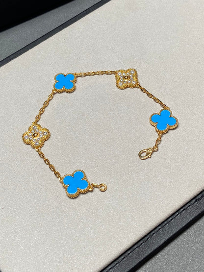 [Charm Aries Jewelry]CLOVER 5 MOTIF BLUE CHALCEDONY DIAMOND GOLD BRACELET