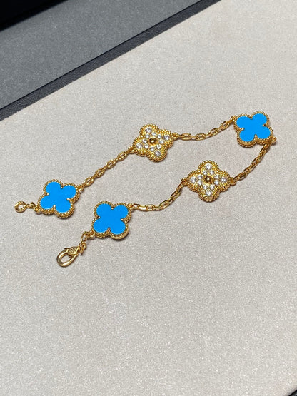 [Charm Aries Jewelry]CLOVER 5 MOTIF BLUE CHALCEDONY DIAMOND GOLD BRACELET