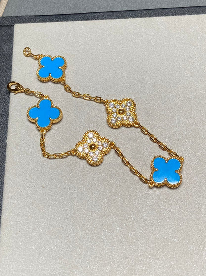 [Charm Aries Jewelry]CLOVER 5 MOTIF BLUE CHALCEDONY DIAMOND GOLD BRACELET