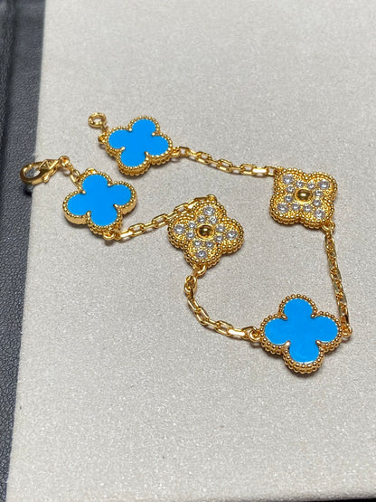 [Charm Aries Jewelry]CLOVER 5 MOTIF BLUE CHALCEDONY DIAMOND GOLD BRACELET
