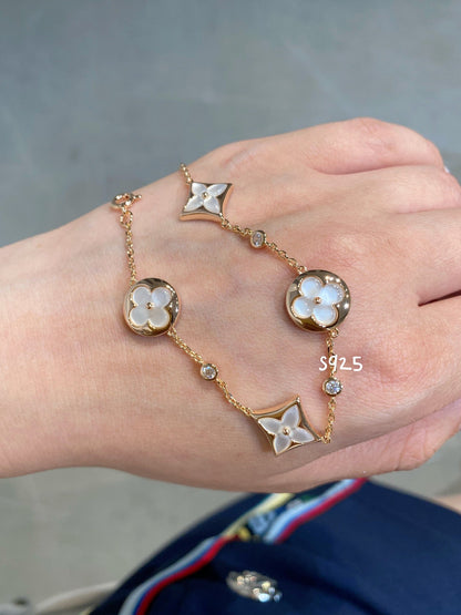 [Charm Aries Jewelry]STAR AND SUN 4 MOTIF WHITE MOP PINK GOLD BRACELET