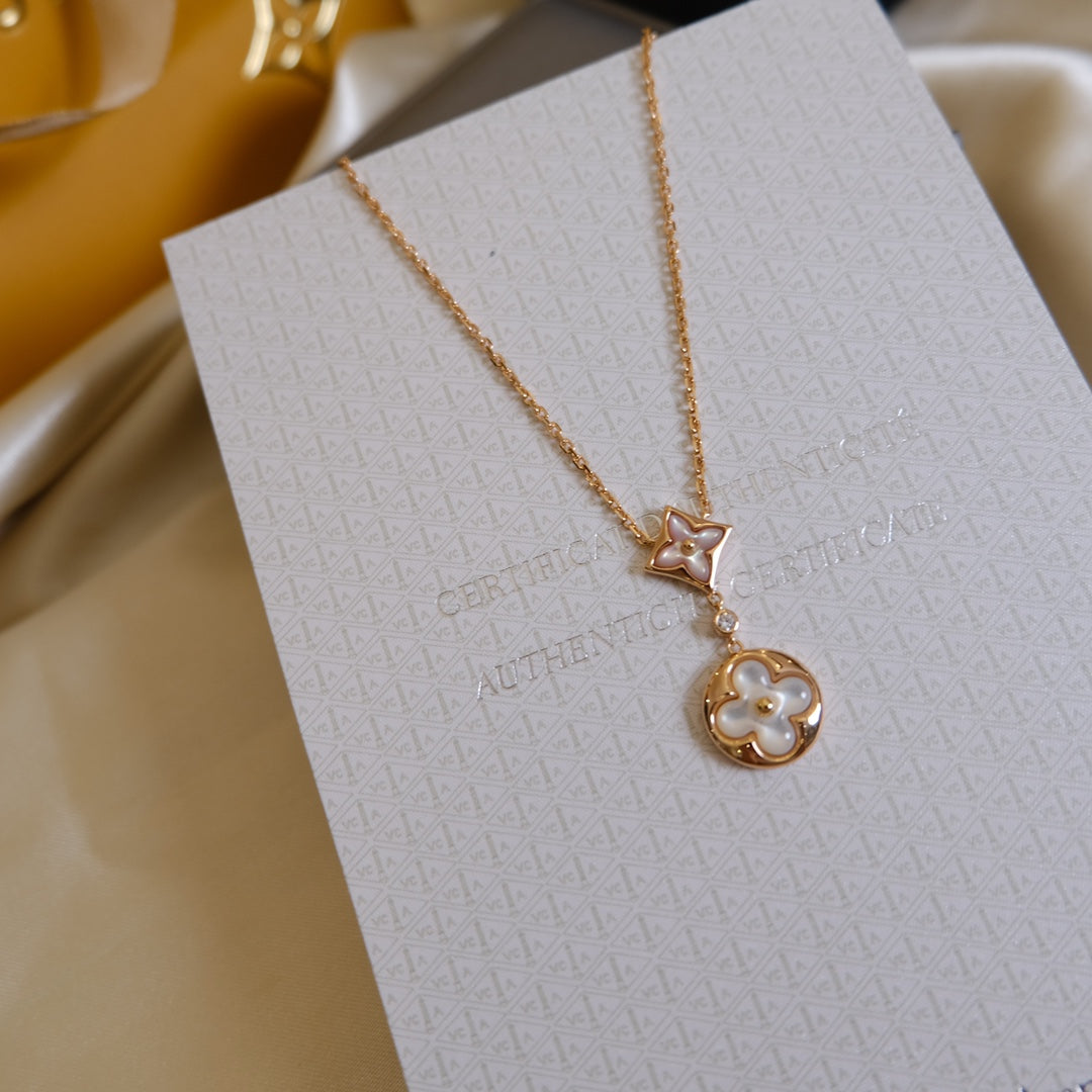 [Charm Aries Jewelry]STAR AND SUN WHITE MOP 2 MOTIF PINK GOLD NECKLACE
