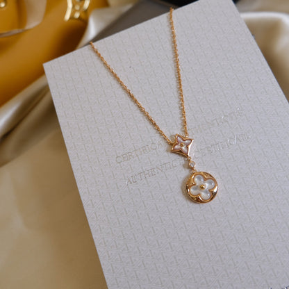 [Charm Aries Jewelry]STAR AND SUN WHITE MOP 2 MOTIF PINK GOLD NECKLACE