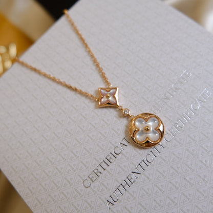 [Charm Aries Jewelry]STAR AND SUN WHITE MOP 2 MOTIF PINK GOLD NECKLACE