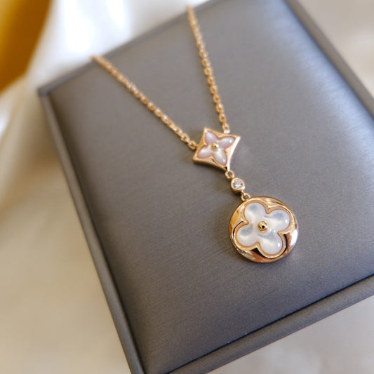 [Charm Aries Jewelry]STAR AND SUN WHITE MOP 2 MOTIF PINK GOLD NECKLACE