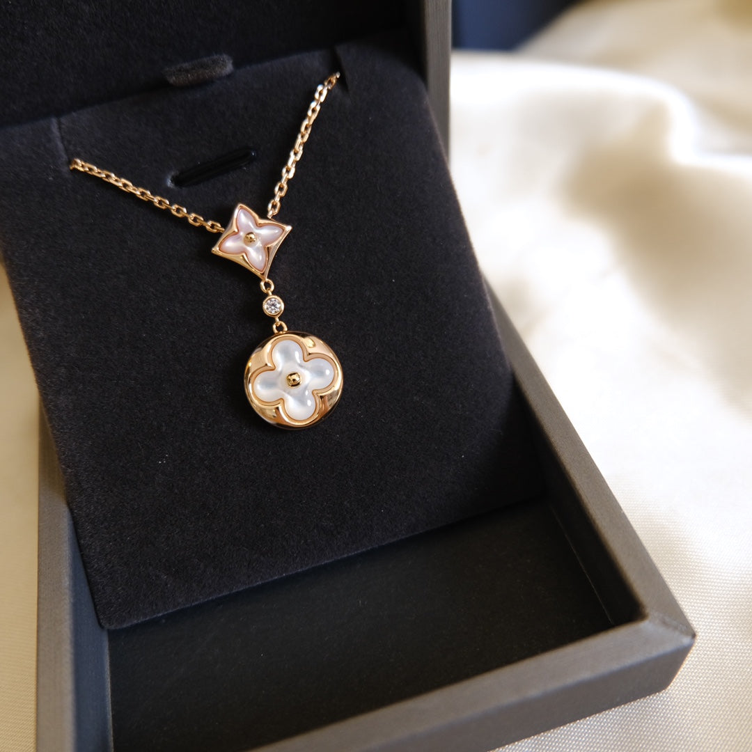 [Charm Aries Jewelry]STAR AND SUN WHITE MOP 2 MOTIF PINK GOLD NECKLACE