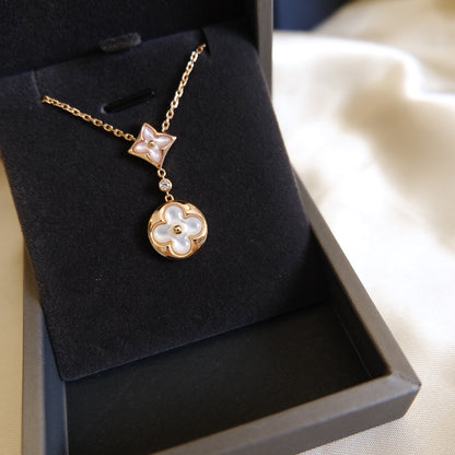 [Charm Aries Jewelry]STAR AND SUN WHITE MOP 2 MOTIF PINK GOLD NECKLACE