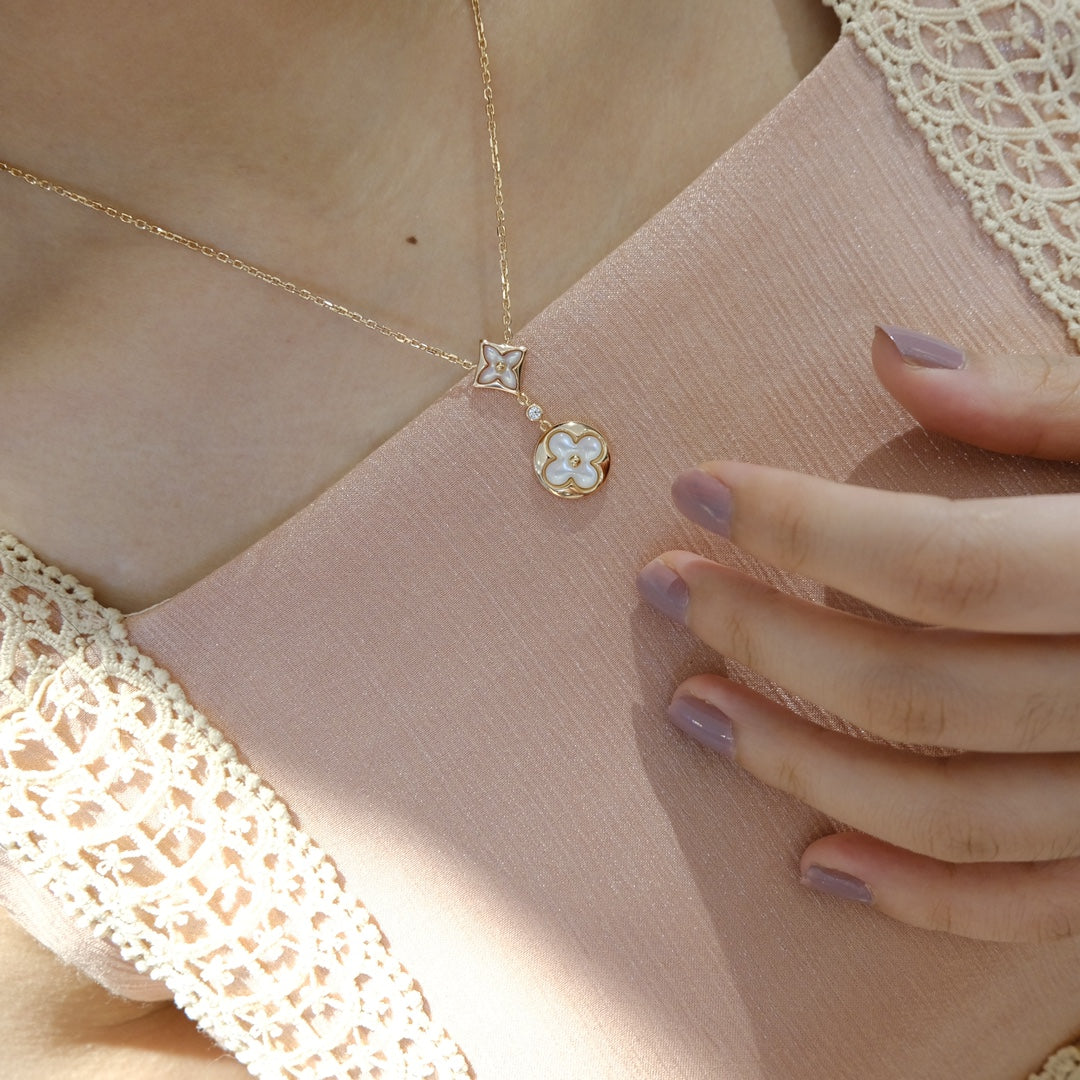 [Charm Aries Jewelry]STAR AND SUN WHITE MOP 2 MOTIF PINK GOLD NECKLACE