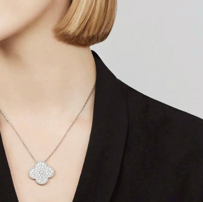 [Charm Aries Jewelry]CLOVER 25MM LARGE PENDANT DIAMOND PAVED SILVER NECKLACE