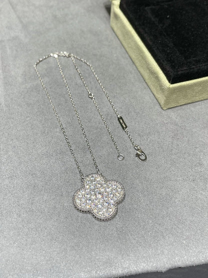 [Charm Aries Jewelry]CLOVER 25MM LARGE PENDANT DIAMOND PAVED SILVER NECKLACE