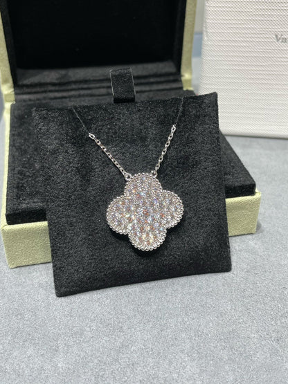 [Charm Aries Jewelry]CLOVER 25MM LARGE PENDANT DIAMOND PAVED SILVER NECKLACE