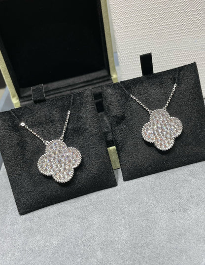 [Charm Aries Jewelry]CLOVER 25MM LARGE PENDANT DIAMOND PAVED SILVER NECKLACE