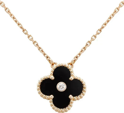 [Charm Aries Jewelry]CLOVER 15MM DIAMOND ONYX NECKLACE