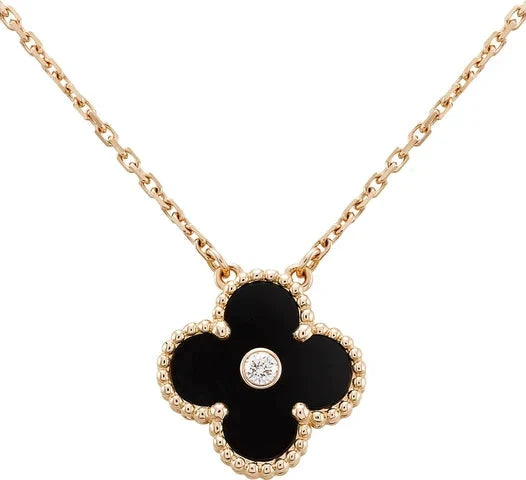 [Charm Aries Jewelry]CLOVER 15MM DIAMOND ONYX NECKLACE