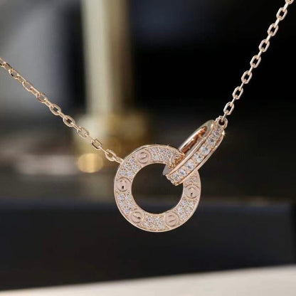 [Charm Aries Jewelry]LOVE 7.6MM NECKLACE ROSE GOLD AND SILVER  FULL DIAMOND