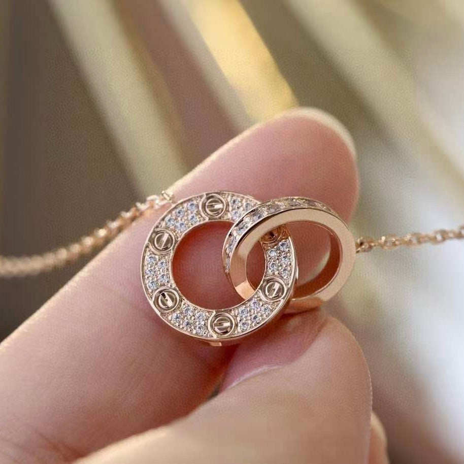 [Charm Aries Jewelry]LOVE 7.6MM NECKLACE ROSE GOLD AND SILVER  FULL DIAMOND