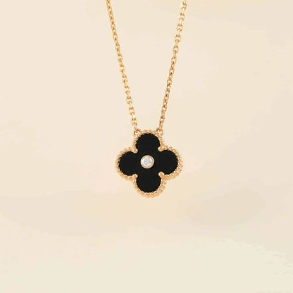 [Charm Aries Jewelry]CLOVER 15MM DIAMOND ONYX NECKLACE