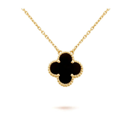 [Charm Aries Jewelry]CLOVER 15MM BLACK ONYX SINGLE FLOWER NECKLACE