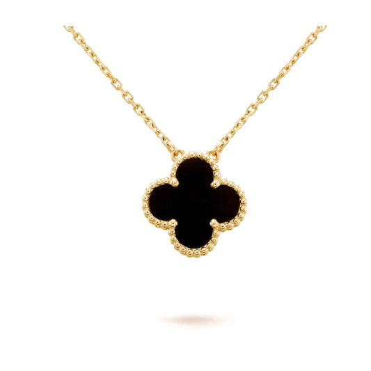 [Charm Aries Jewelry]CLOVER 15MM BLACK ONYX SINGLE FLOWER NECKLACE