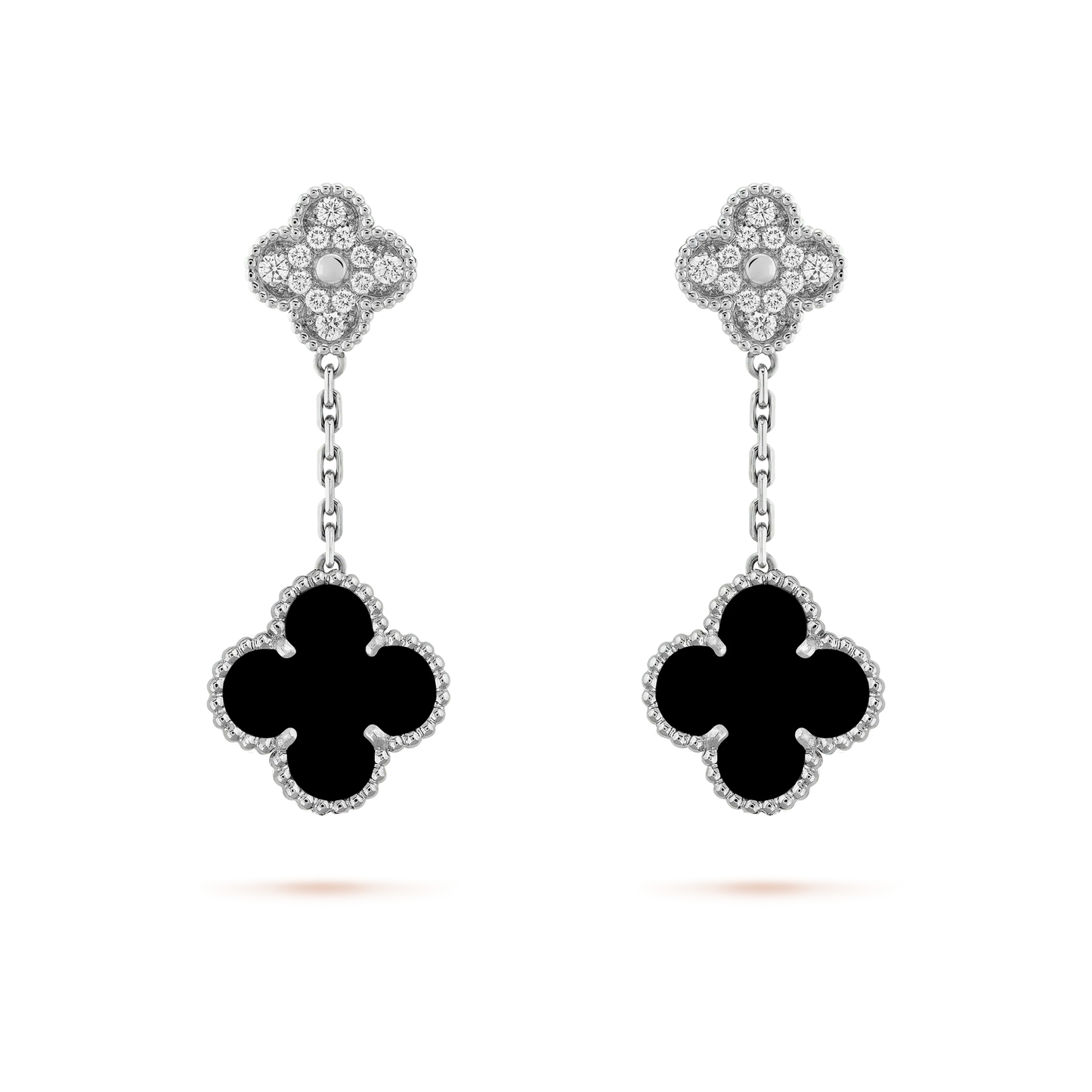 [Charm Aries Jewelry]CLOVER 2 MOTIFS  DIAMOND ONYX EARRINGS SILVER