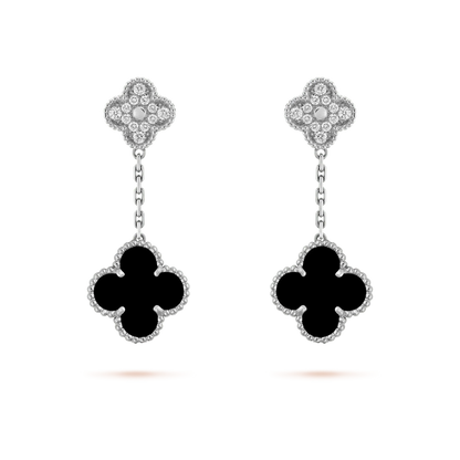 [Charm Aries Jewelry]CLOVER 2 MOTIFS  DIAMOND ONYX EARRINGS SILVER