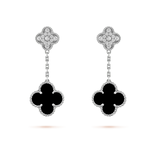 [Charm Aries Jewelry]CLOVER 2 MOTIFS  DIAMOND ONYX EARRINGS SILVER