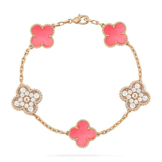 [Charm Aries Jewelry]CLOVER 5 MOTIF DIAMOND PINK MOP PINK GOLD BRACELET
