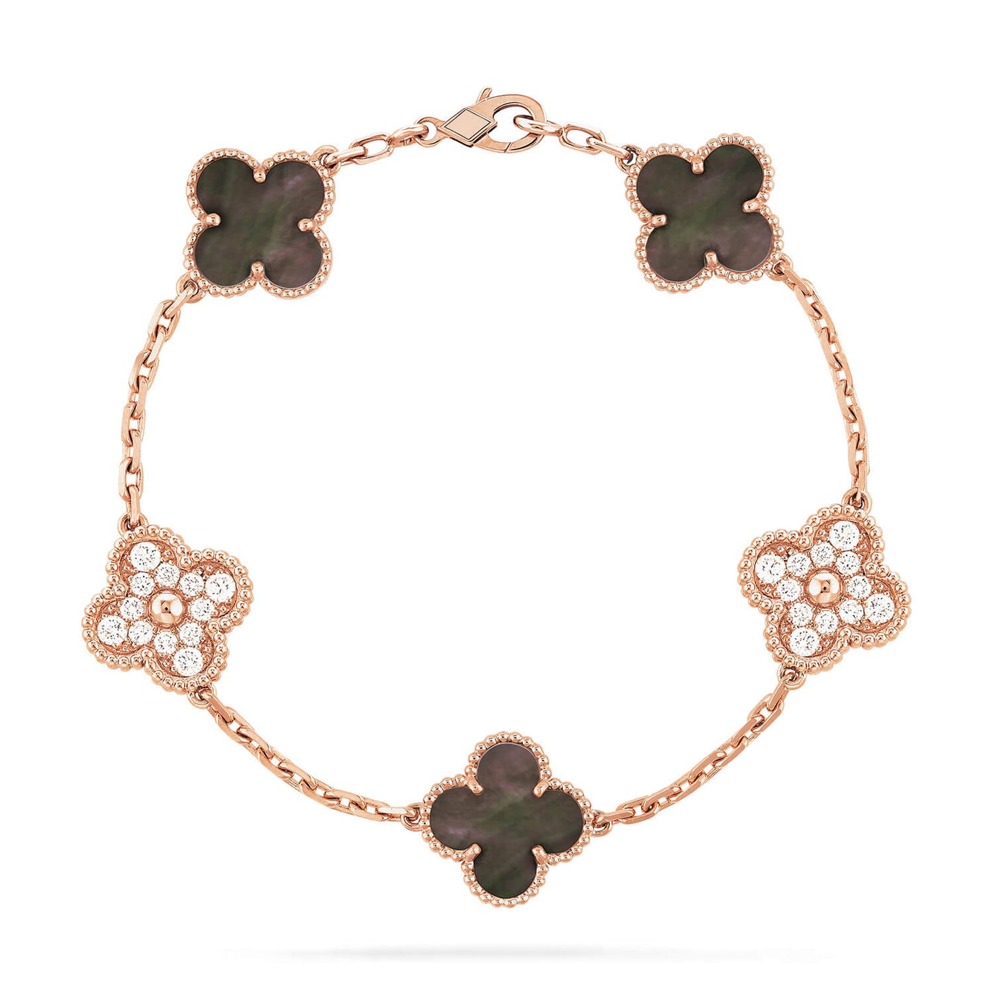 [Charm Aries Jewelry]CLOVER 5 MOTIFS DARK MOP AND DIAMONDS PINK GOLD BRACELET