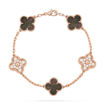 [Charm Aries Jewelry]CLOVER 5 MOTIFS DARK MOP AND DIAMONDS PINK GOLD BRACELET