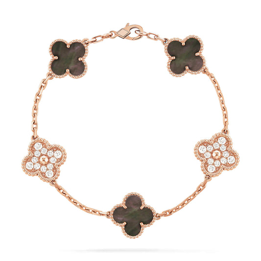 [Charm Aries Jewelry]CLOVER 5 MOTIFS DARK MOP AND DIAMONDS PINK GOLD BRACELET