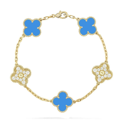[Charm Aries Jewelry]CLOVER 5 MOTIF BLUE CHALCEDONY DIAMOND GOLD BRACELET