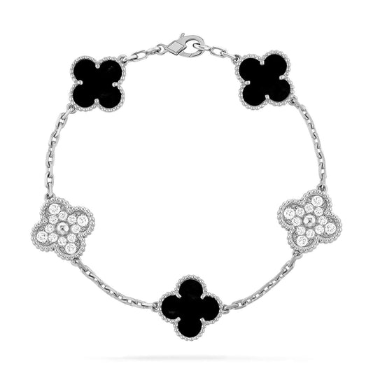 [Charm Aries Jewelry]CLOVER 5 MOTIF ONYXS DIAMOND BRACELET SILVER