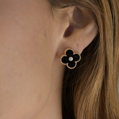 [Charm Aries Jewelry]CLOVER MEDIUM 1 MOTIFS ONYX DIAMOND EARRINGS