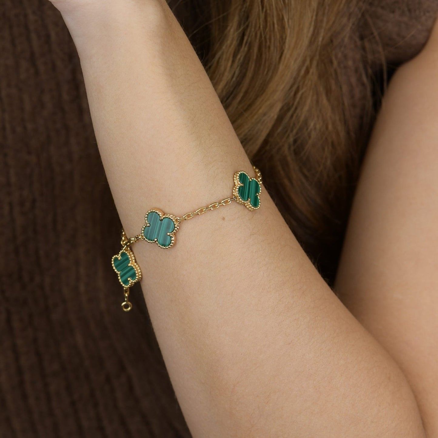 [Charm Aries Jewelry]CLOVER 5 MOTIFS MALACHITE BRACELET
