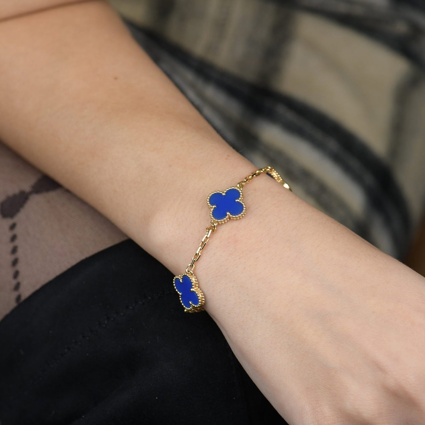 [Charm Aries Jewelry]CLOVER 5 MOTIFS BLUE AGATE BRACELET