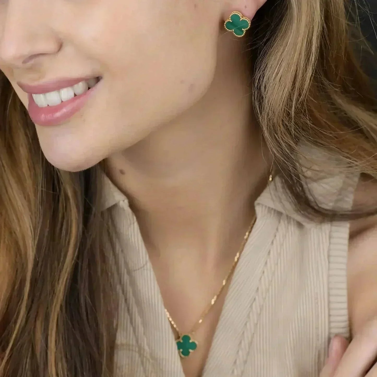 [Charm Aries Jewelry]CLOVER MINI 9.5MM MALACHITE  EARRINGS
