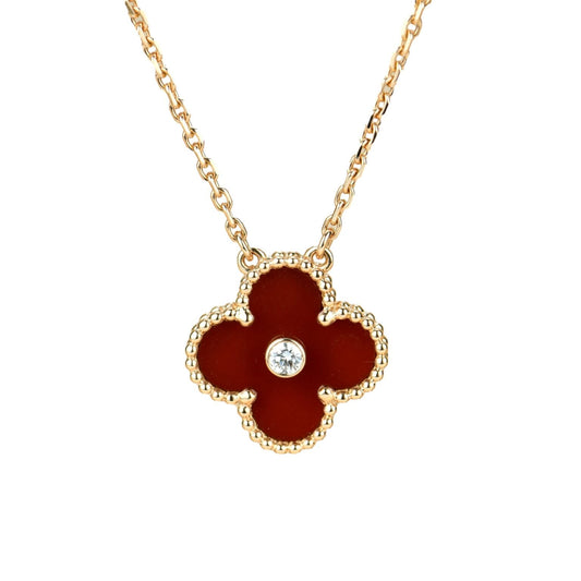 [Charm Aries Jewelry]CLOVER 15MM DIAMOND CARNELIAN NECKLACE