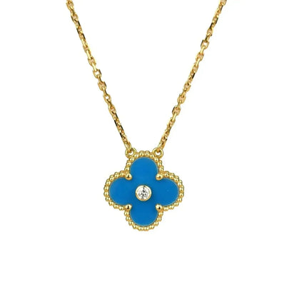 [Charm Aries Jewelry]CLOVER 15MM DIAMOND AND BLUE AGATE NECKLACE