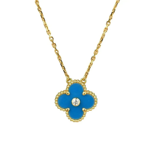 [Charm Aries Jewelry]CLOVER 15MM DIAMOND AND BLUE AGATE NECKLACE
