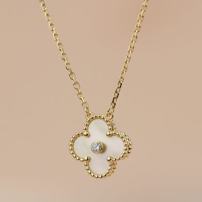 [Charm Aries Jewelry]CLOVER 15MM DIAMOND GOLD MOTHER OF PEARL NECKLACE