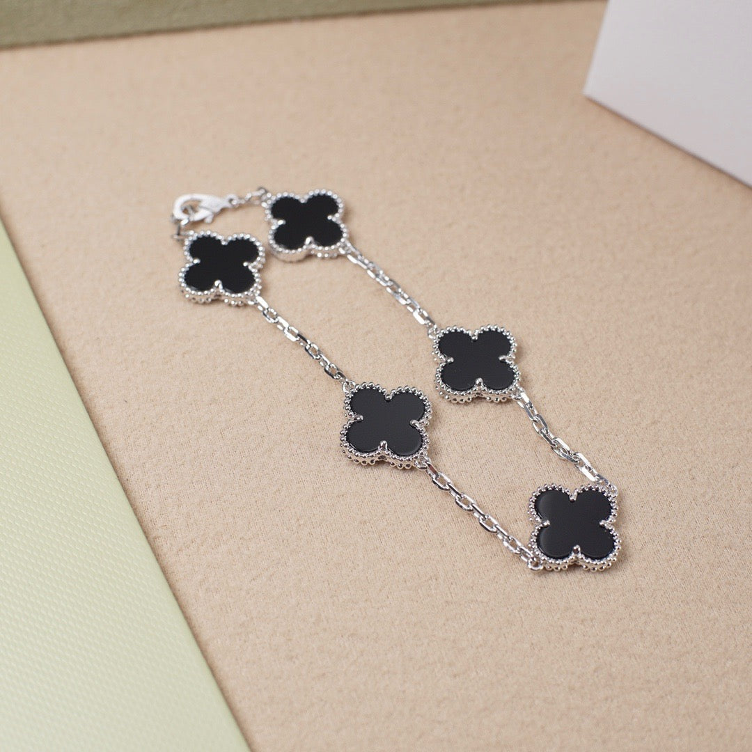 [Charm Aries Jewelry]CLOVER 5 MOTIF ONYXS  BRACELET SILVER