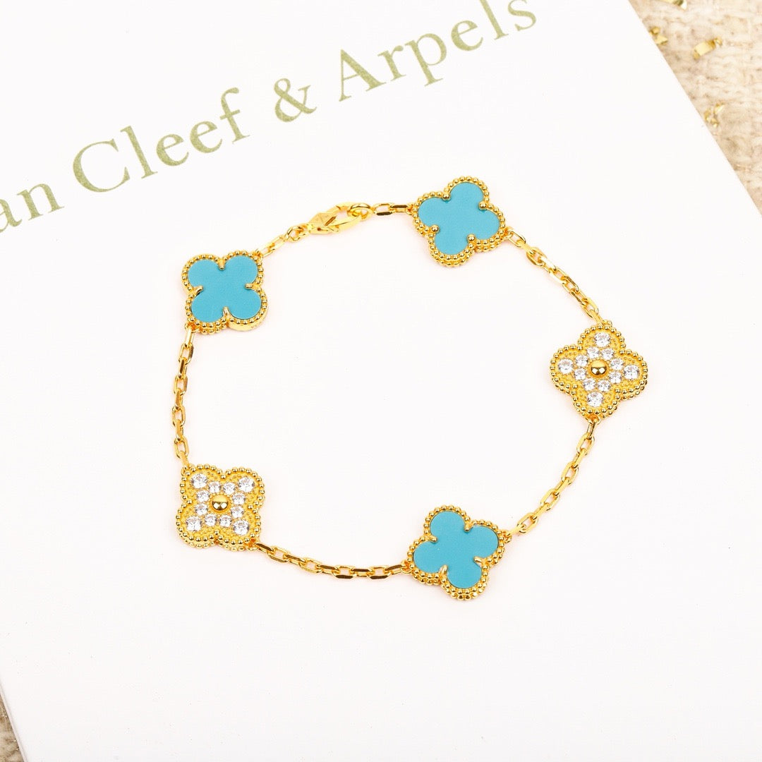 [Charm Aries Jewelry]CLOVER 5 MOTIF TURQUOISE DIAMOND GOLD BRACELET