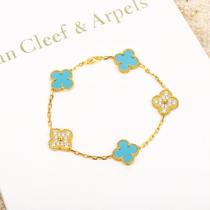 [Charm Aries Jewelry]CLOVER 5 MOTIF TURQUOISE DIAMOND GOLD BRACELET