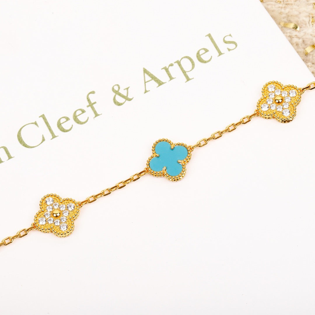 [Charm Aries Jewelry]CLOVER 5 MOTIF TURQUOISE DIAMOND GOLD BRACELET