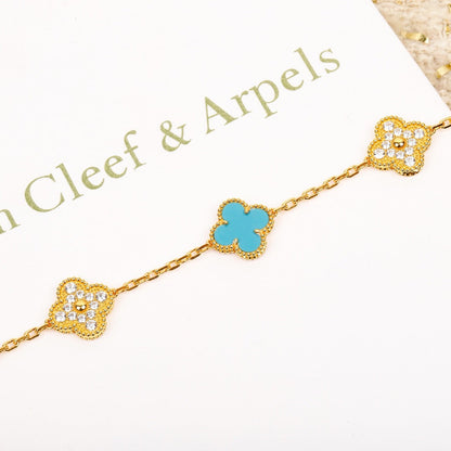 [Charm Aries Jewelry]CLOVER 5 MOTIF TURQUOISE DIAMOND GOLD BRACELET