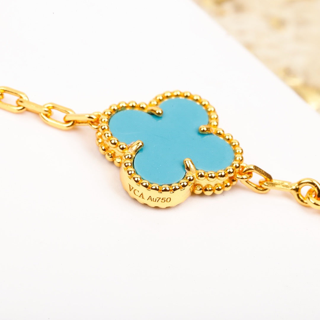 [Charm Aries Jewelry]CLOVER 5 MOTIF TURQUOISE DIAMOND GOLD BRACELET